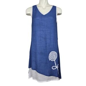 Max & Moritz Women's Silk Cotton Blend Floral Embroidered Shift Dress Blue Large